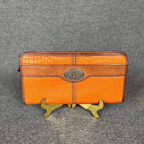 Fossil Key Per Clutch File Wallet Alligator/ Snake Print Brown Zip Around Wallet - Picture 1 of 8